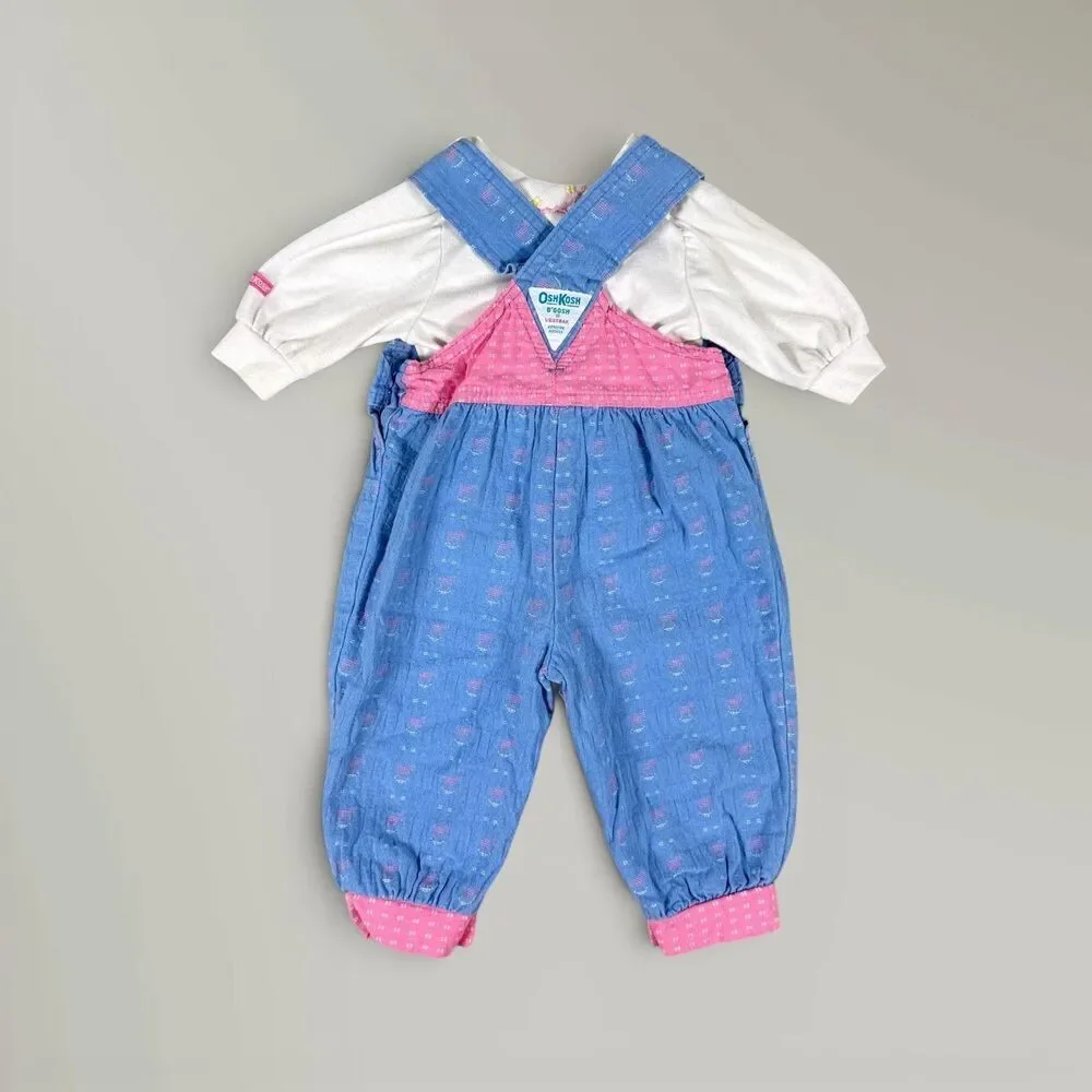 Vtg OshKosh Overalls & Shirt Pink Blue Rocking Horse Bows Vestbak Size 3-6 Mos